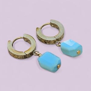 Peruvian Blue Opal Gold Huggie Hoop Earrings Handmade NEW Ooak